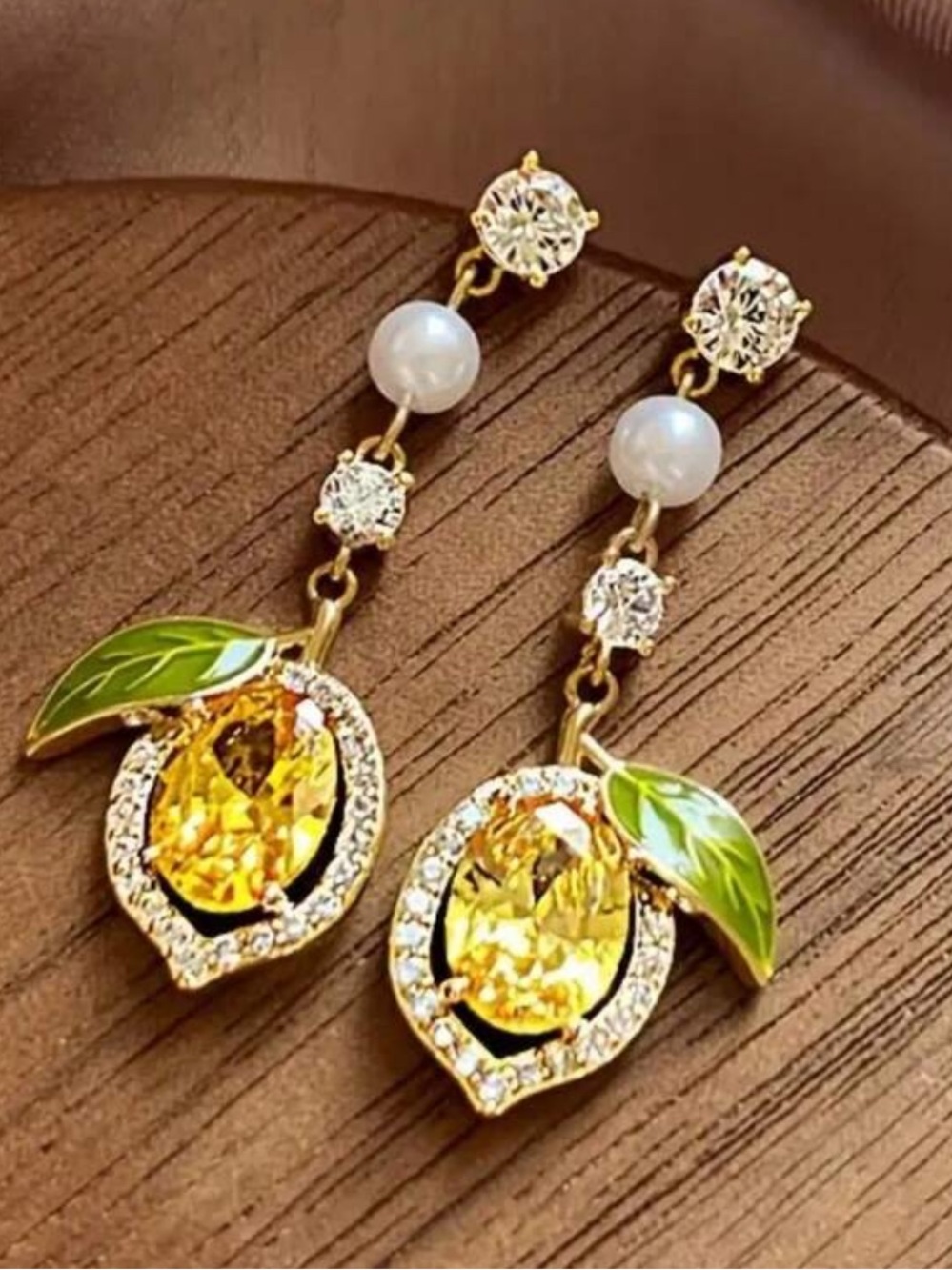 Gold-Tone Yellow Lemon Drop Dangle Earrings with Green Leaf